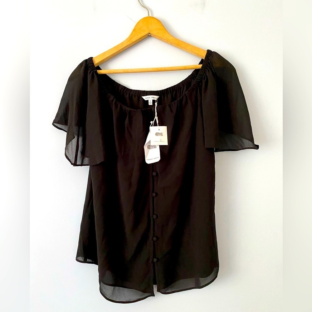 NWT Naked Zebra Sz Small Black Button Up Flutter Sleeve Blouse Off the Shoulder